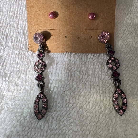 2 Pair Bundle: Dainty Pink Studs & Dangle Rhinestone Earrings Set - Picture 5 of 7